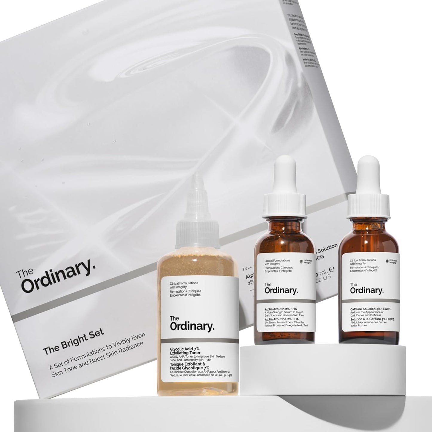 The Ordinary The Bright Set, 3-Step Regimen for Radiant, Even Skin Tone with Glycolic Acid 7% Exfoliating Toner, Alpha Arbutin 2% + HA, and Caffeine Solution 5% + EGCG | Skin Care Set