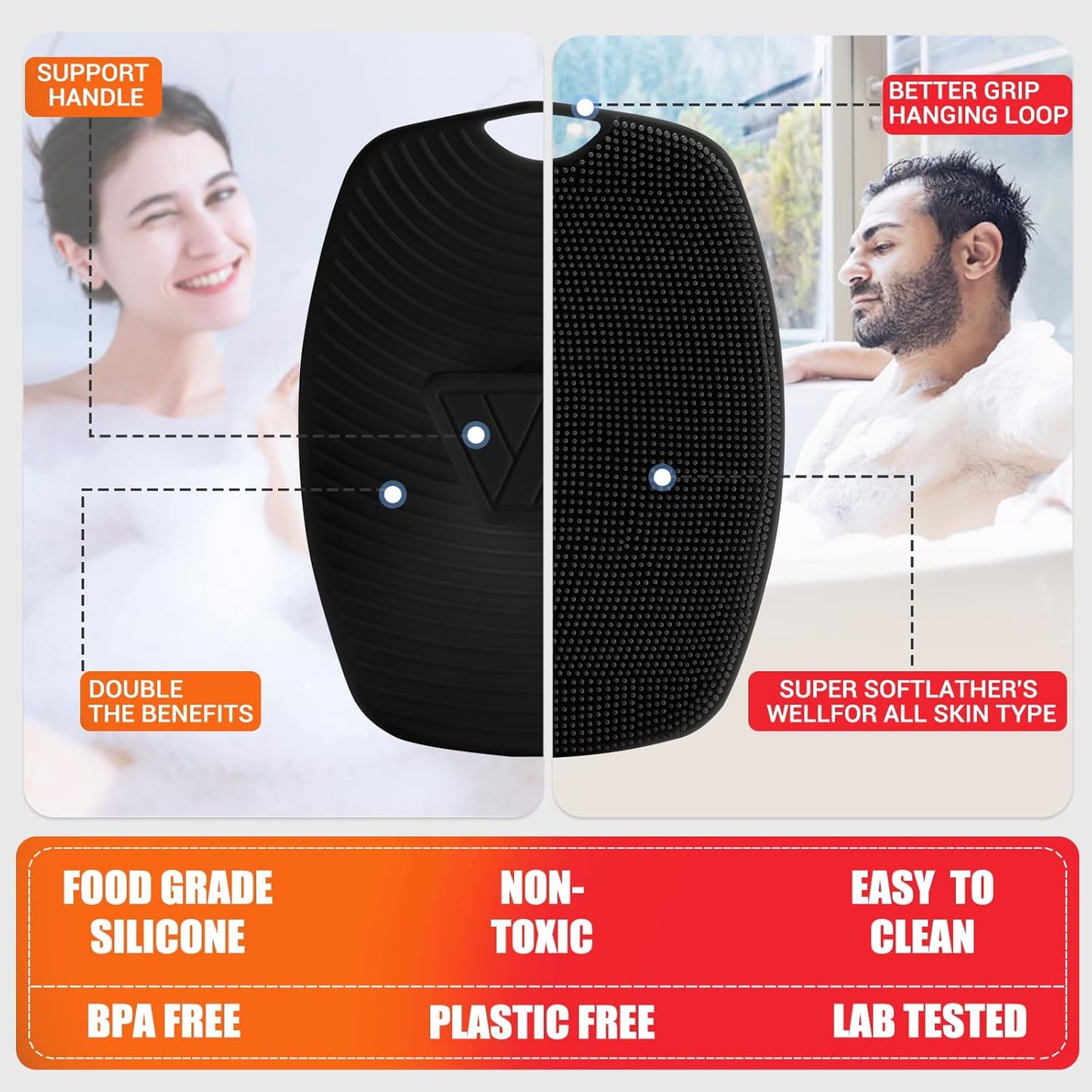 Silicone Body Scrubber - Zinc Infused-Highly Elastic Bristles Exfoliating Body Scrubber for Shower Body,Cellulite Reduction,Blood Circulation - Black