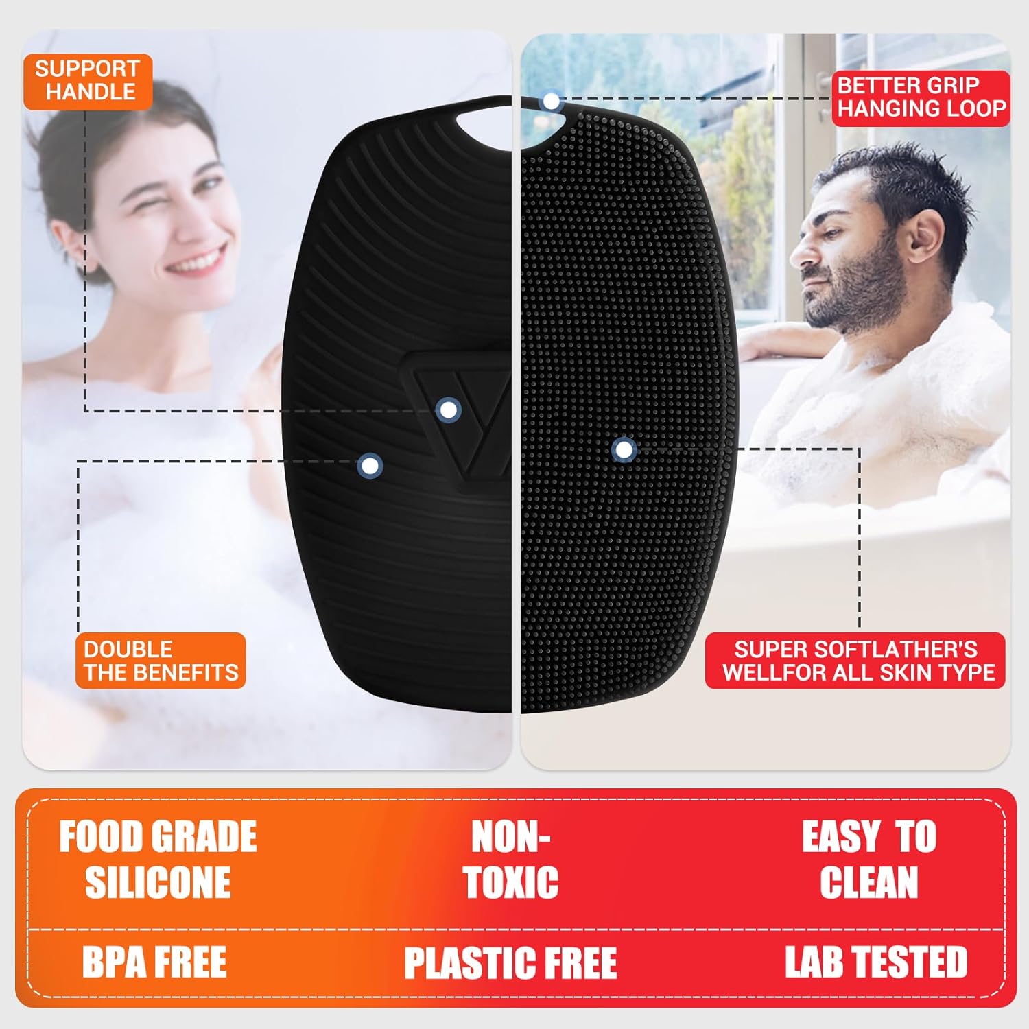 Silicone Body Scrubber - Zinc Infused-Highly Elastic Bristles Exfoliating Body Scrubber for Shower Body,Cellulite Reduction,Blood Circulation - Black