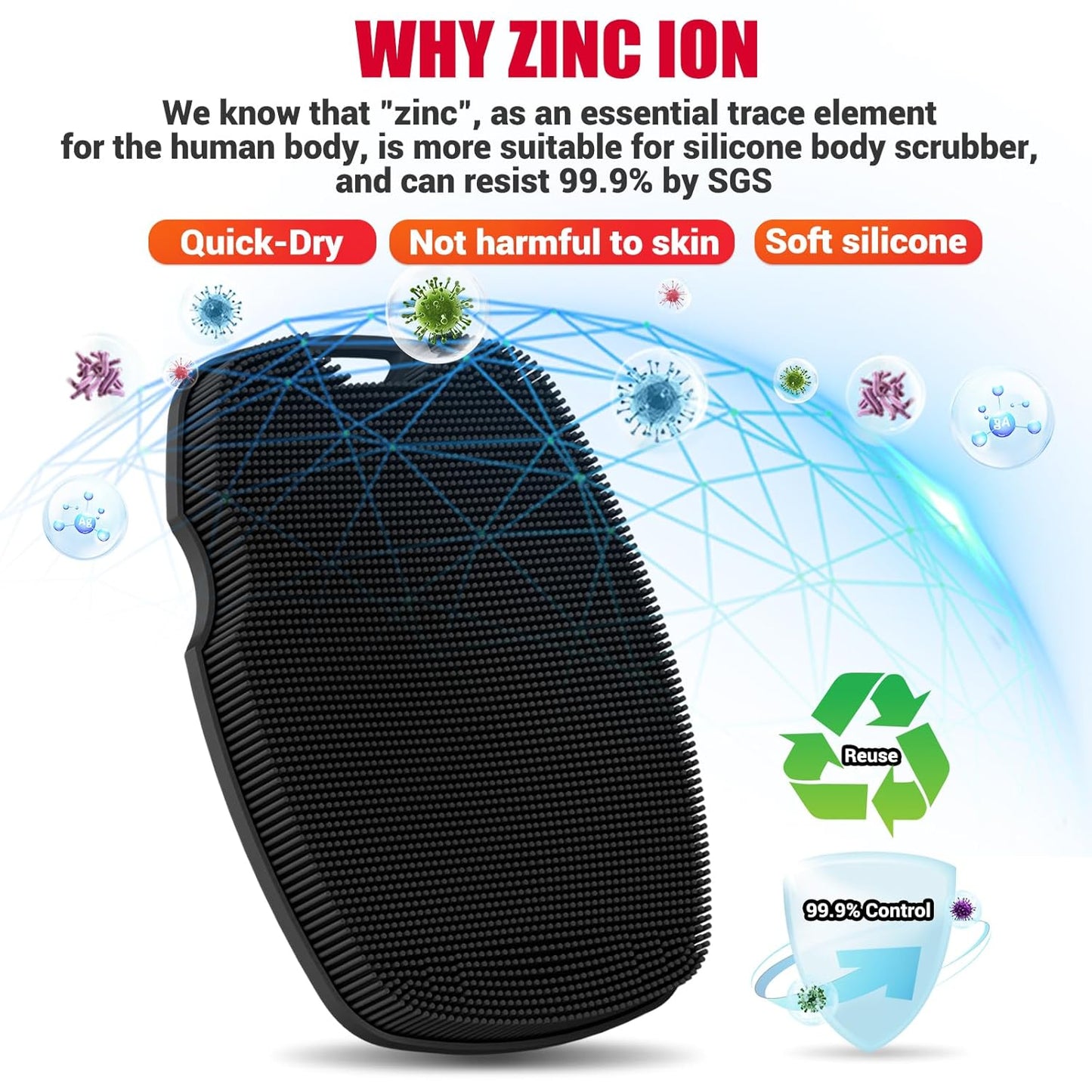 Silicone Body Scrubber - Zinc Infused-Highly Elastic Bristles Exfoliating Body Scrubber for Shower Body,Cellulite Reduction,Blood Circulation - Black